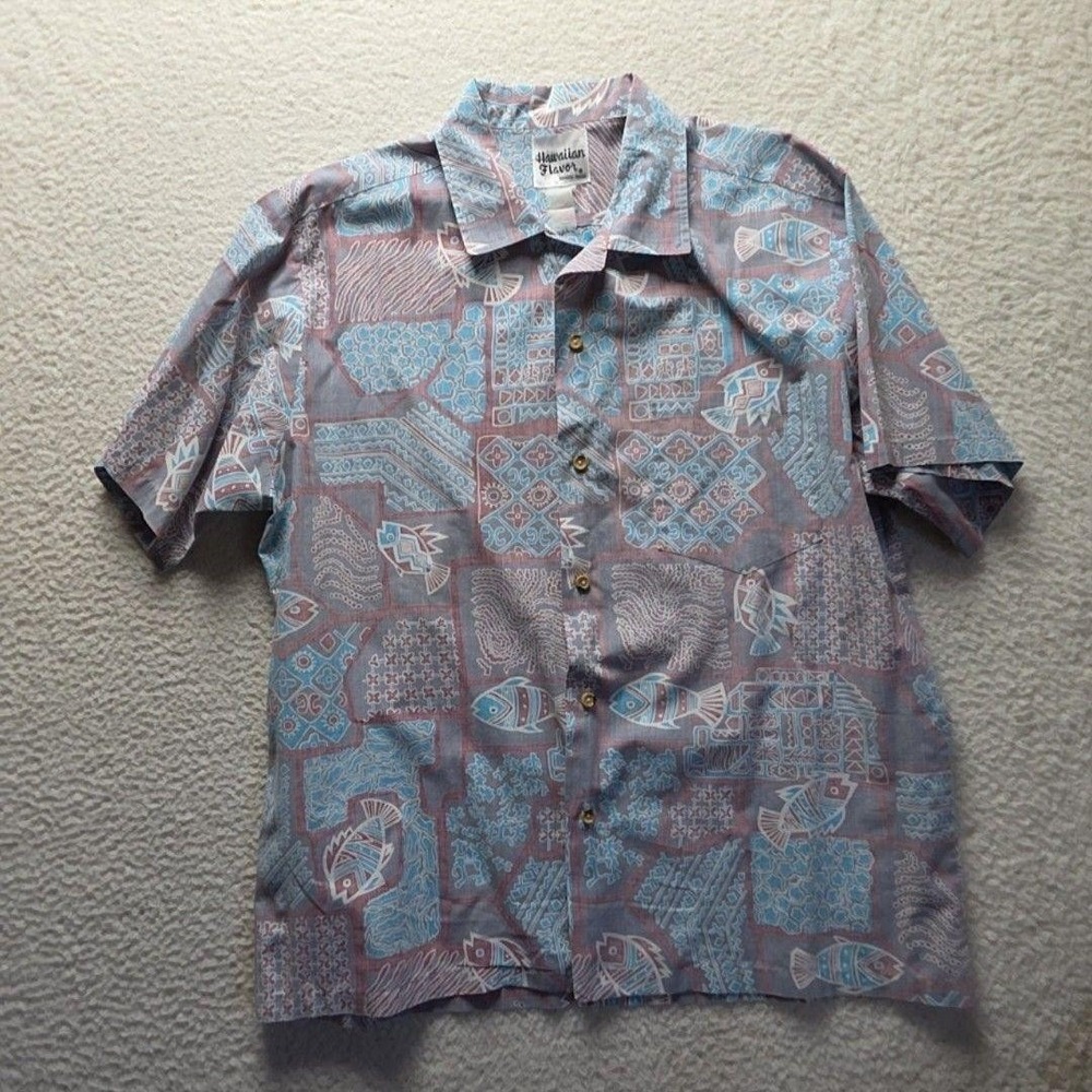 Hawaiian Flavor Shirt Mens 2XL Multicolor Fish Hawaiian Short Sleeve Button-Up